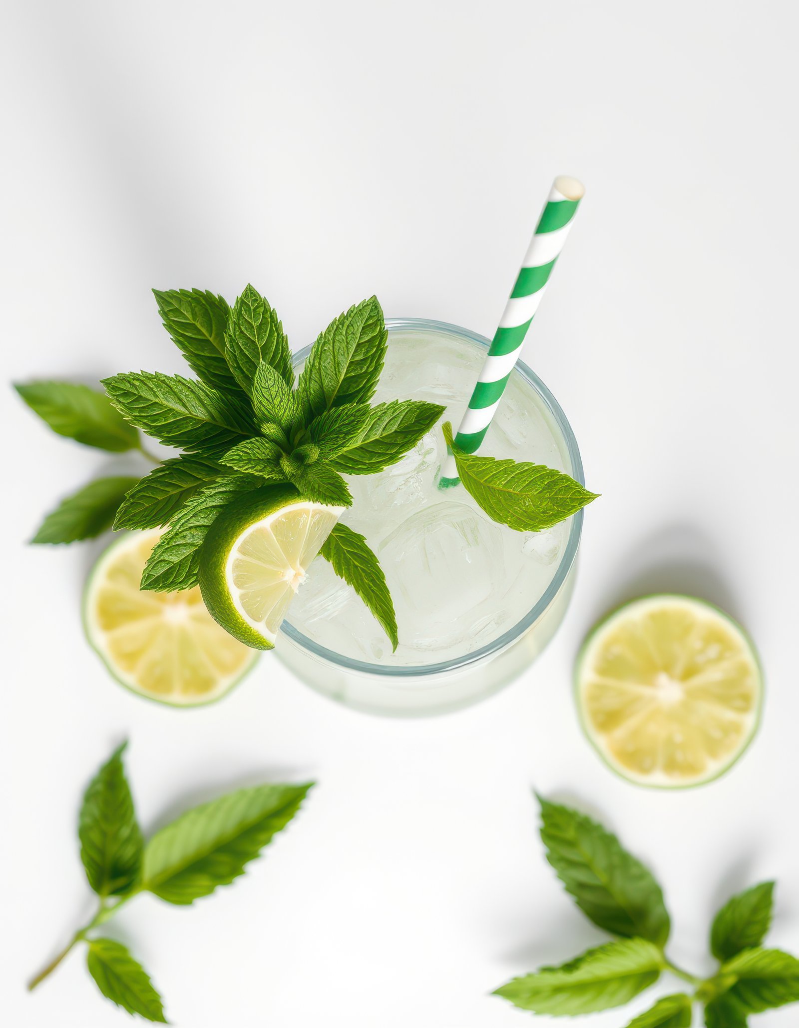 Refreshing mint and lime drink served in a clear glass with green striped straw on a white background